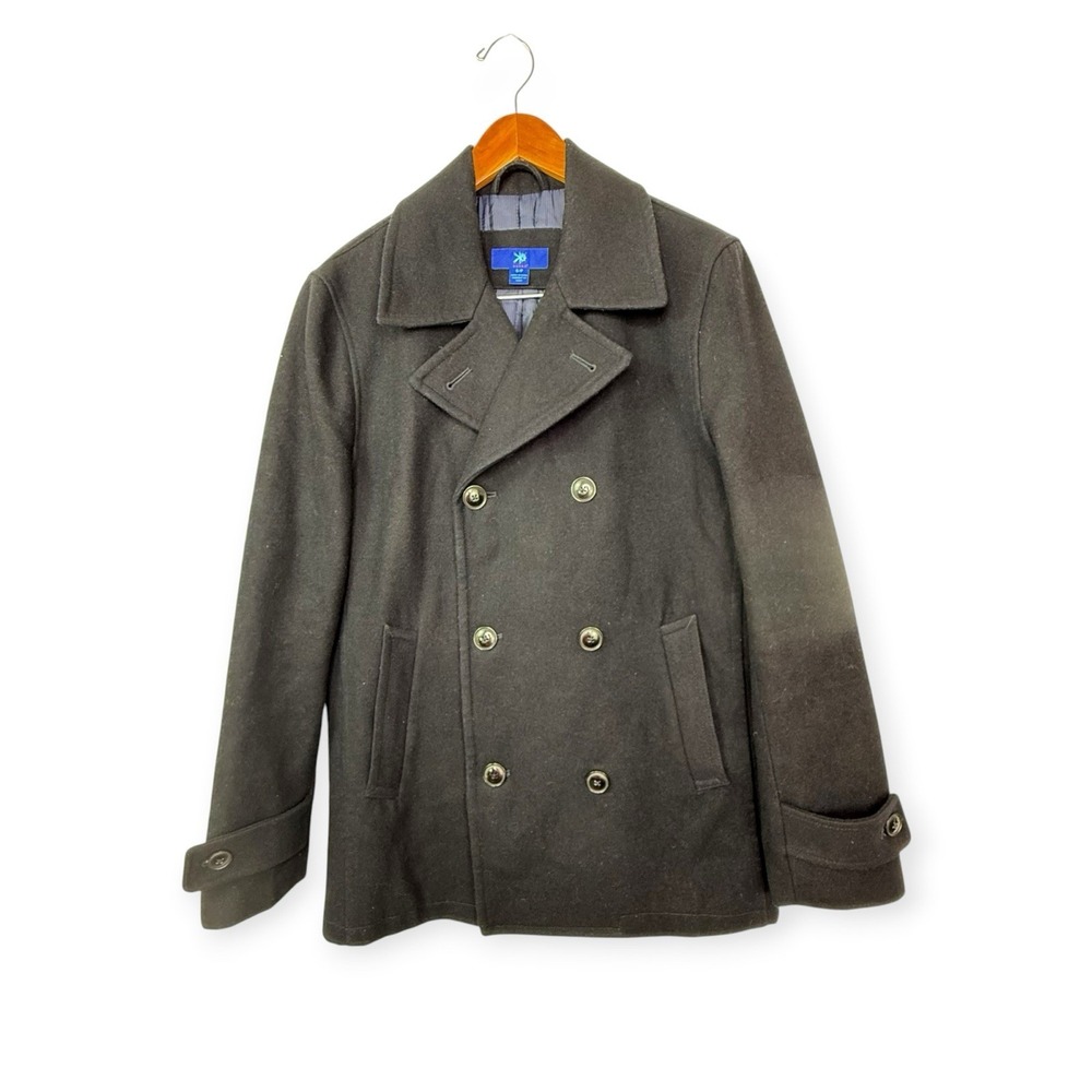 Egara Wool Blend Black Pea Coat Men Sm Blue Lined Classic Minimalist Streetwear